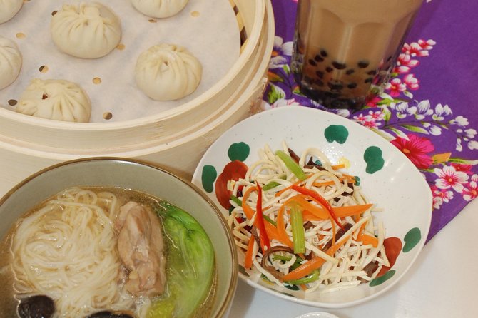Taiwan Traditional Delicacies Experience, Xiao Long Bao, Chicken vermicelli with mushroom and sesame oil, Tofu strips salad, Bubble milk tea. - The strongest reasons to choose it