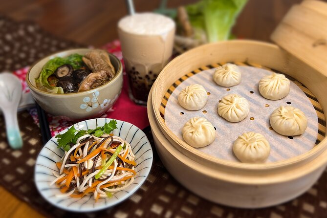 Taiwan Traditional Delicacies Experience, Xiao Long Bao, Chicken vermicelli with mushroom and sesame oil, Tofu strips salad, Bubble milk tea. - Four dishes that tell a Taiwanese food story