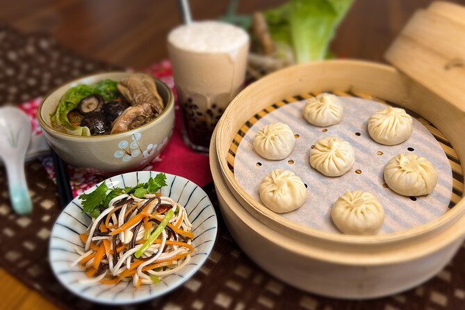 Xiao Long Bao, Chicken vermicelli with mushroom and sesame oil, Tofu strips salad, Bubble milk tea. Taiwan Traditional Delicacies Experience-A (Taipei Cooking Class) - A three-hour lesson built around Taiwanese comfort food