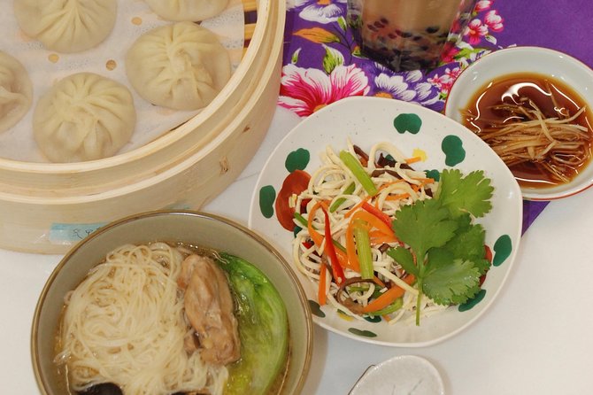 Xiao Long Bao, Chicken vermicelli with mushroom and sesame oil, Tofu strips salad, Bubble milk tea. Taiwan Traditional Delicacies Experience-A (Taipei Cooking Class) - Is $77 a fair price?